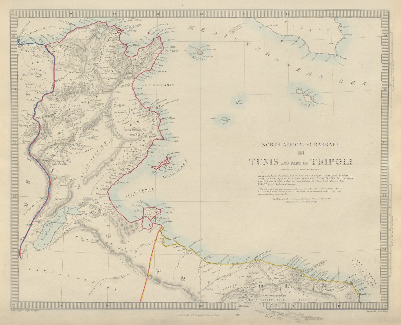 TUNISIA & WESTERN LIBYA. North Africa or Barbary. Tunis Tripoli. SDUK 1874 map